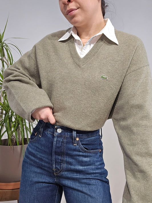 Pull col V en laine kaki - L/XL