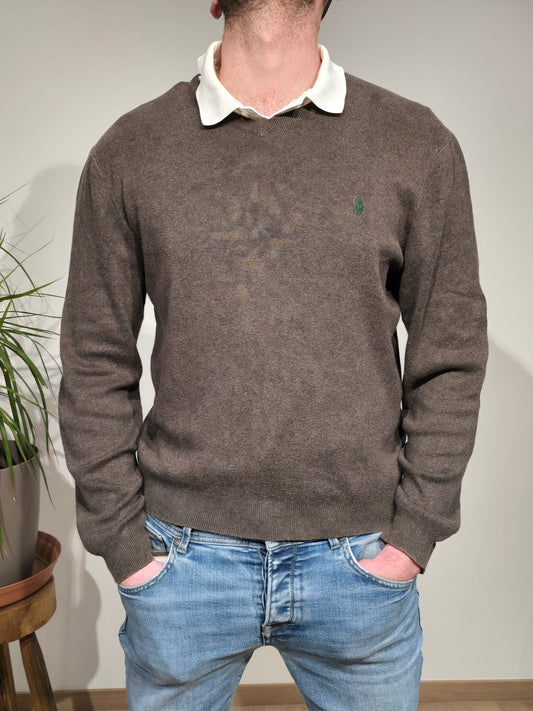 Pull col V en coton doux marron - M
