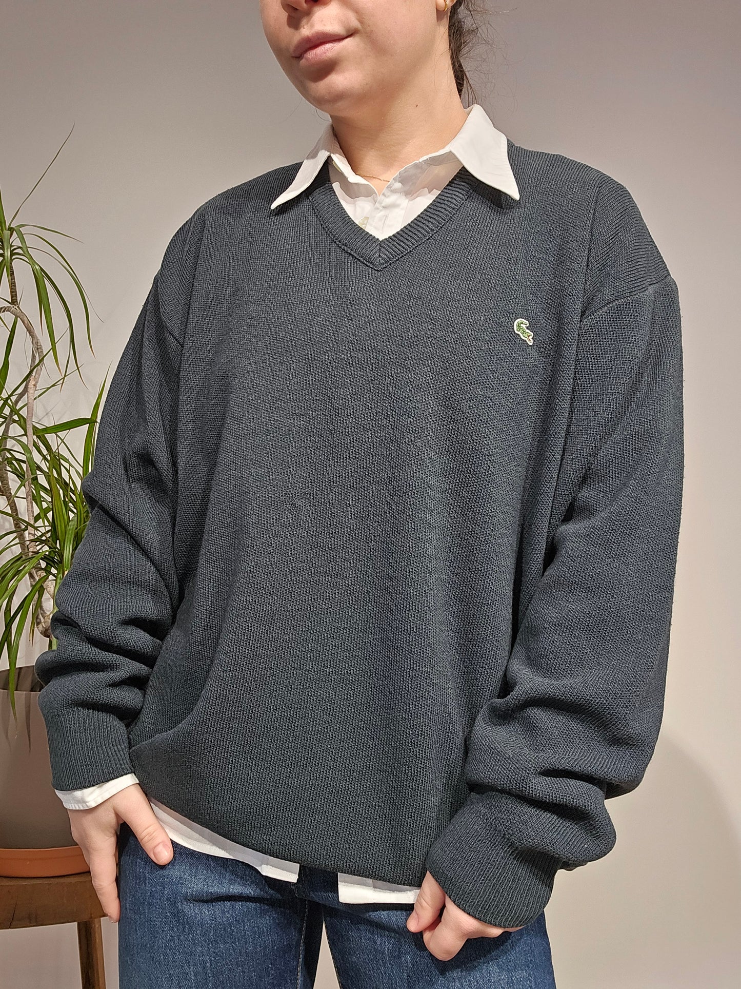 Pull col V vert foncé des années 90' - L/XL
