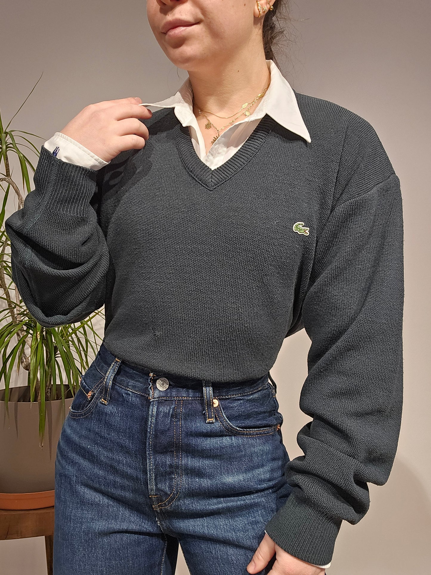 Pull col V vert foncé des années 90' - L/XL