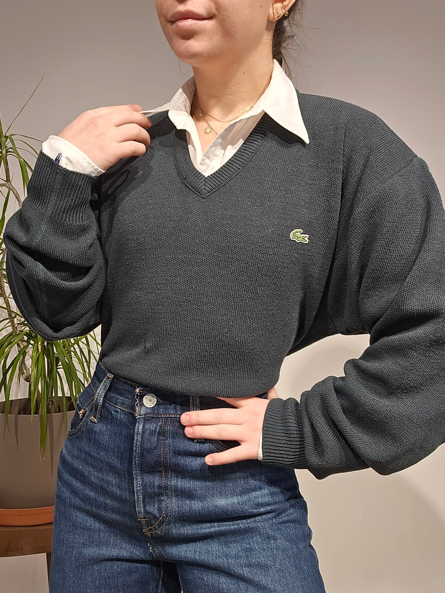 Pull col V vert foncé des années 90' - L/XL