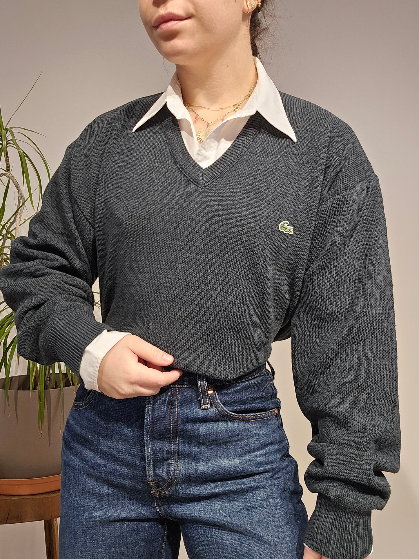 Pull col V vert foncé des années 90' - L/XL