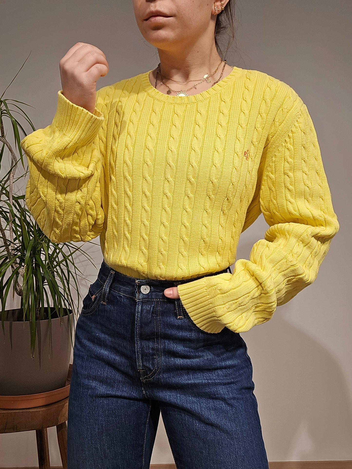Pull en maille torsadée jaune collection RLR - L/XL