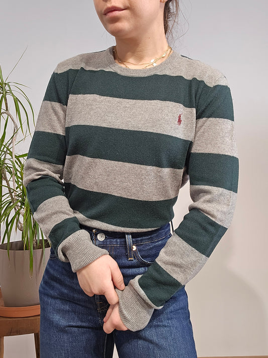 Pull col rond en laine vert et gris - S