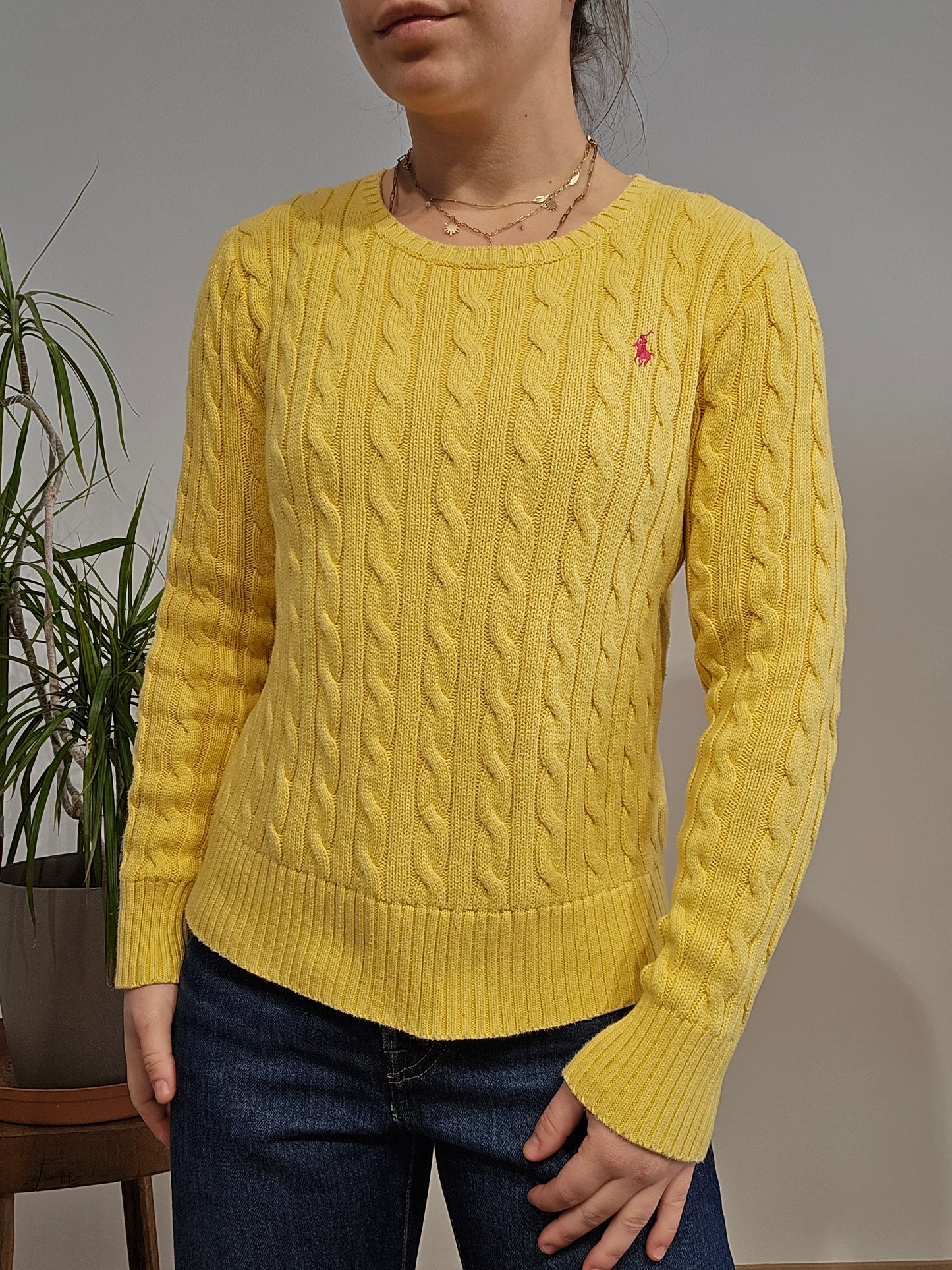 Pull col rond en maille torsadée jaune - XS