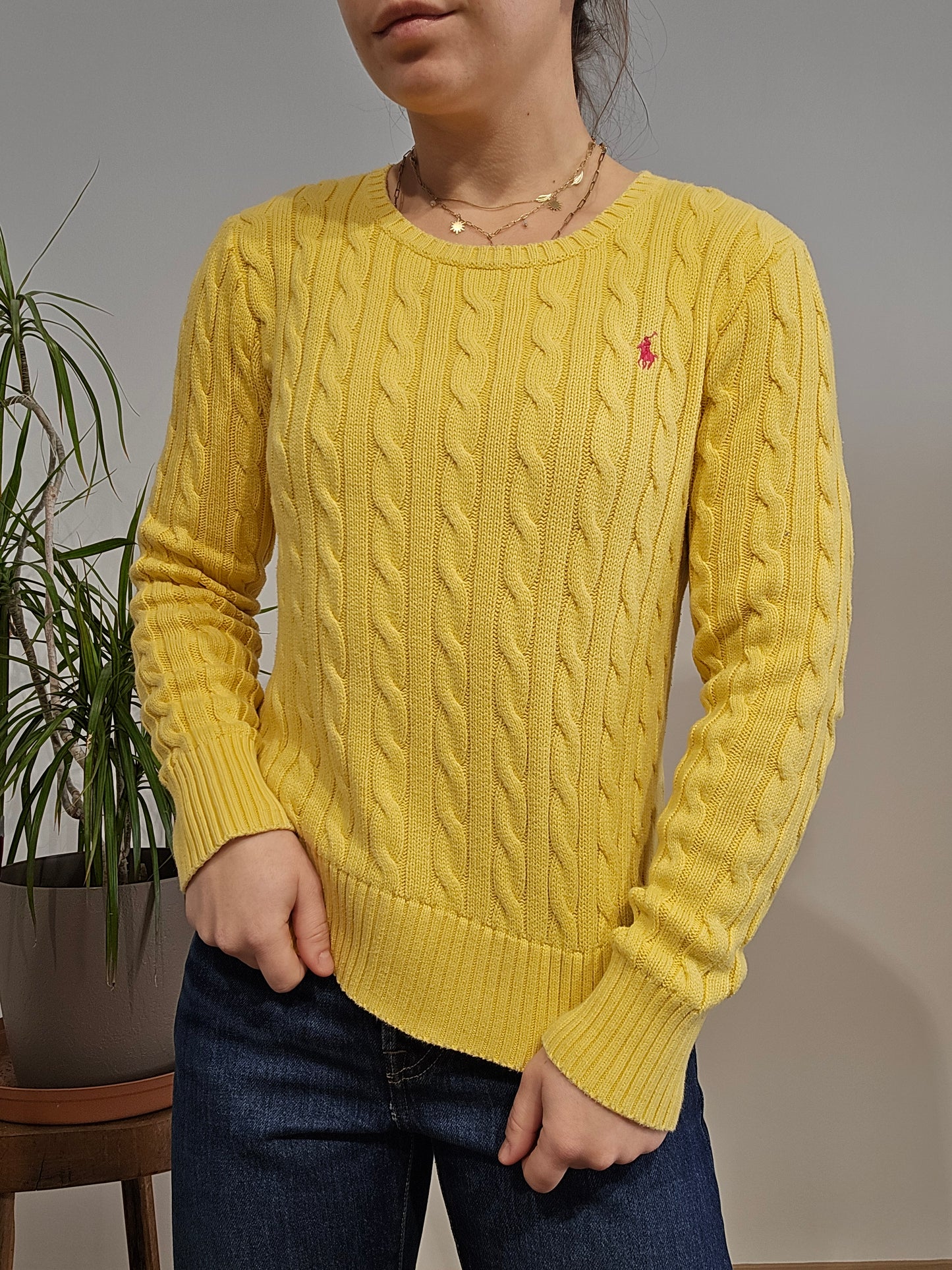 Pull col rond en maille torsadée jaune - XS