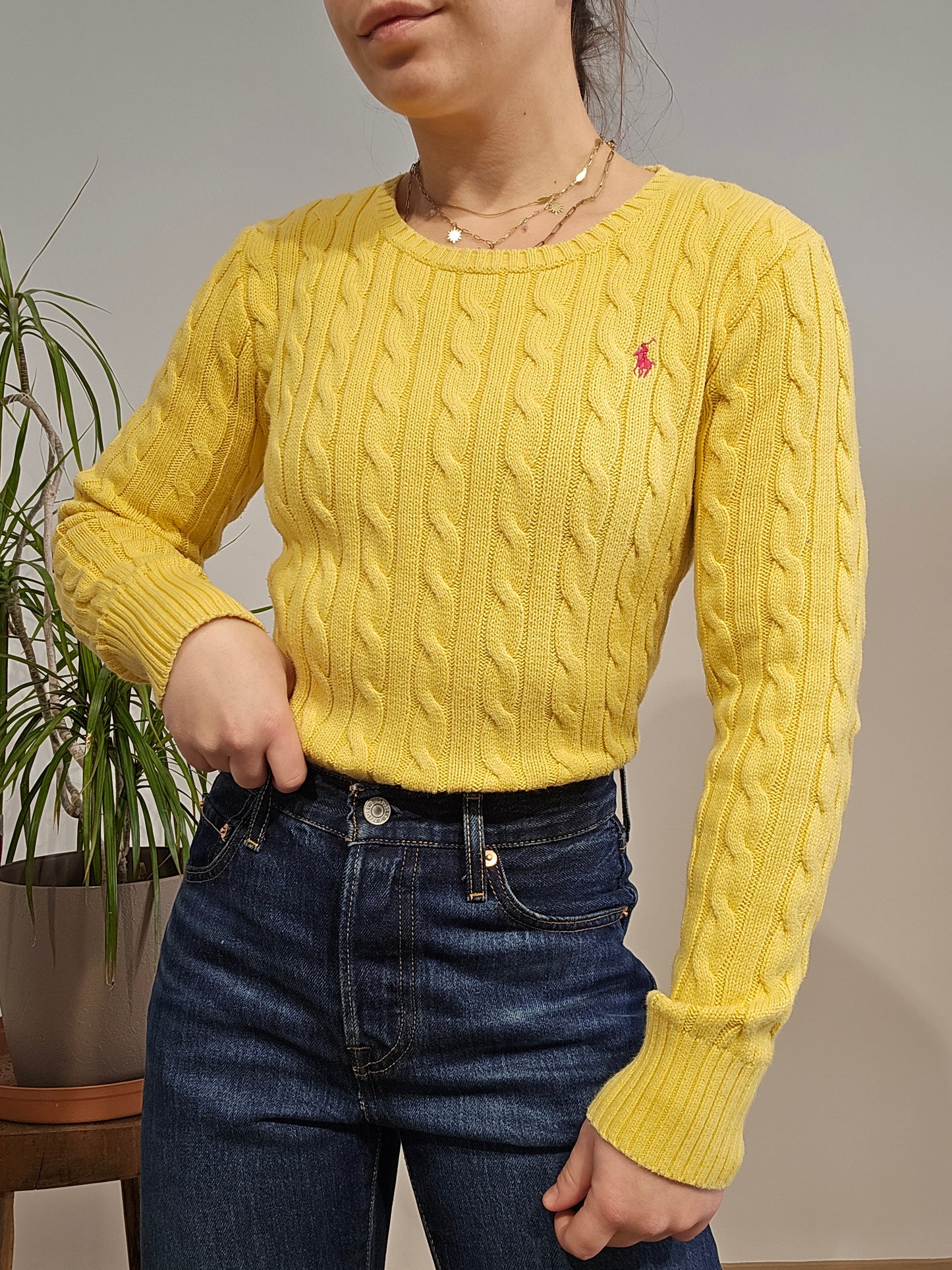 Pull col rond en maille torsadée jaune - XS