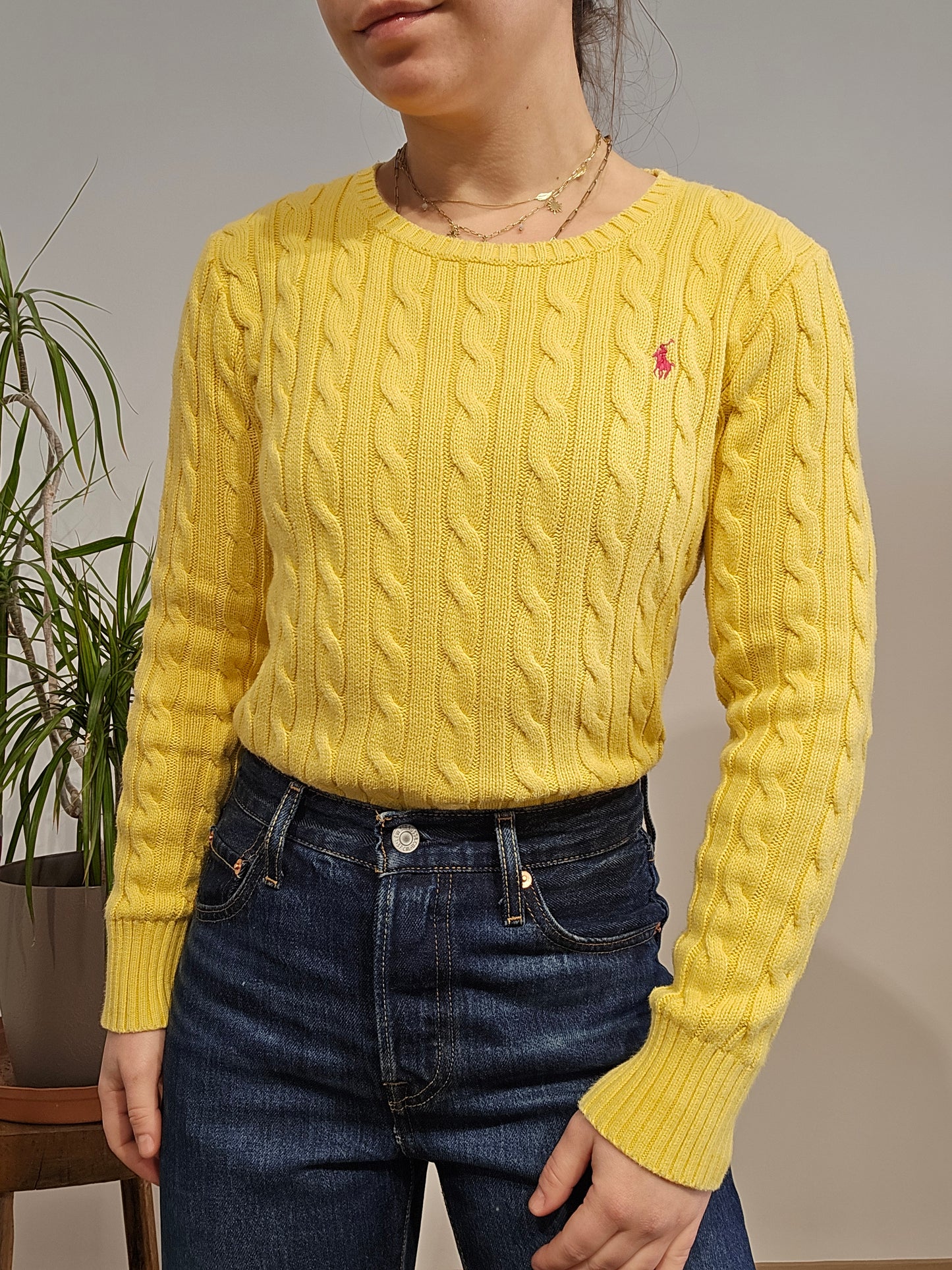 Pull col rond en maille torsadée jaune - XS