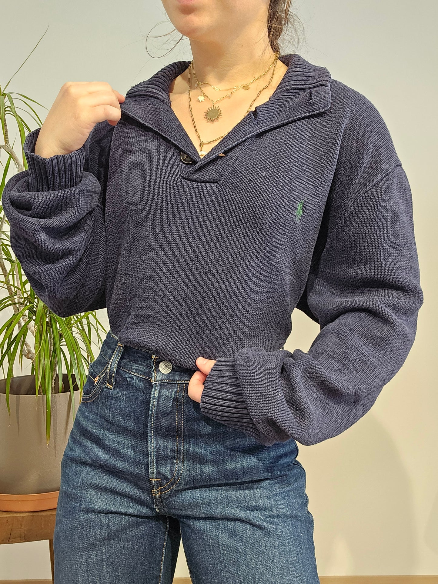 Pull bleu marine col boutonné - XL