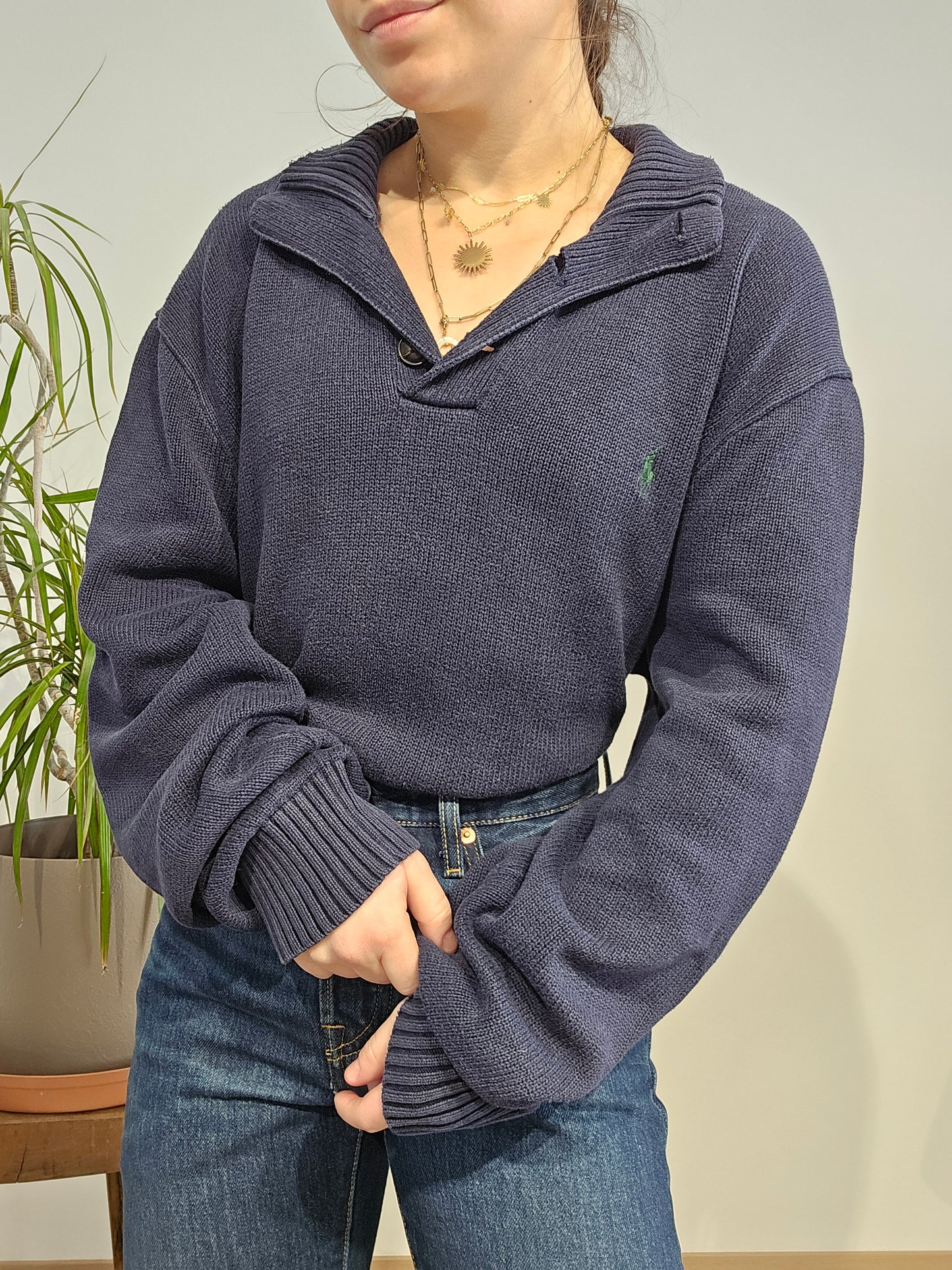 Pull bleu marine col boutonné - XL