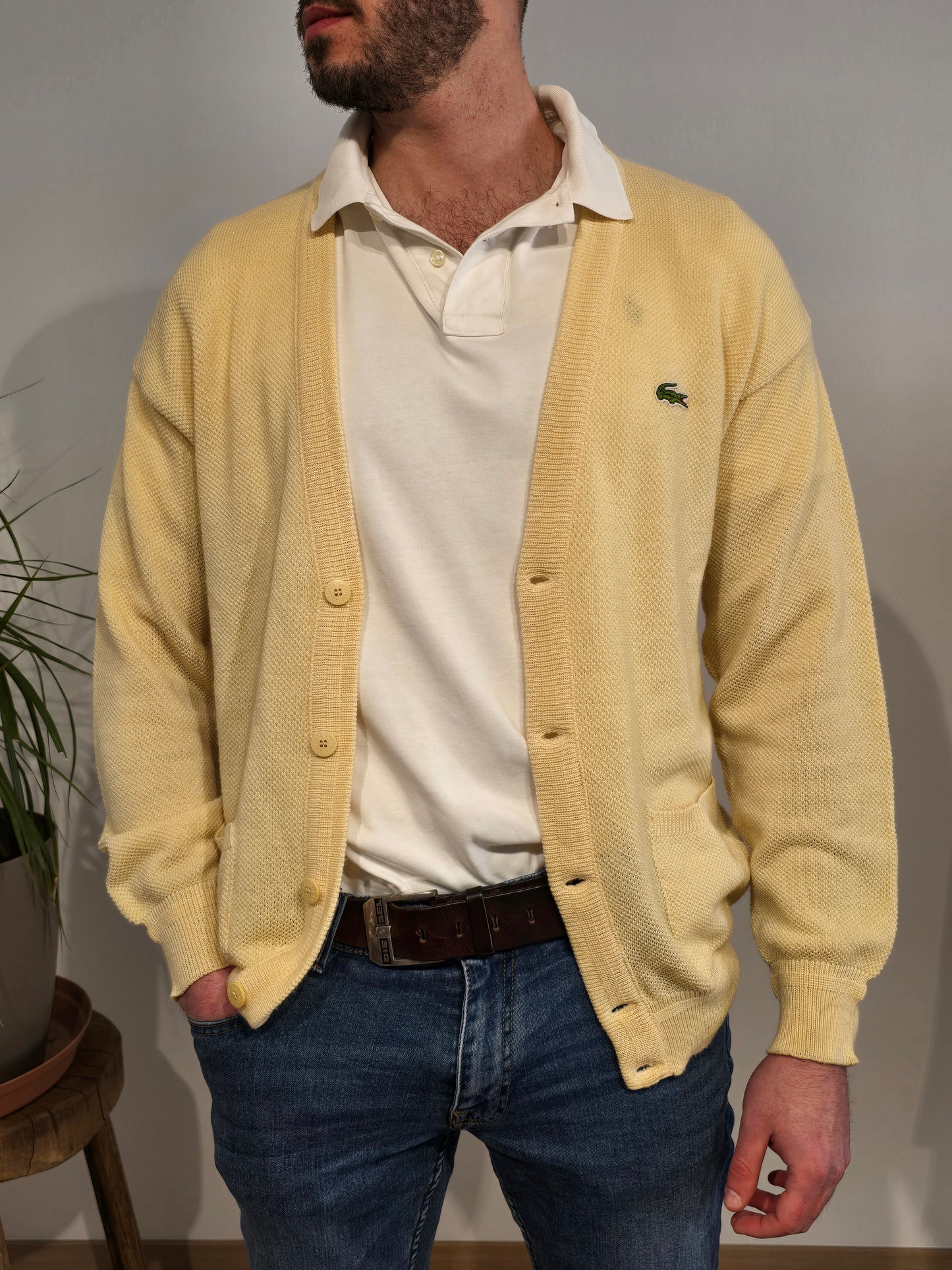 Cardigan en maille jaune des années 80' fabriqué en France - S/M