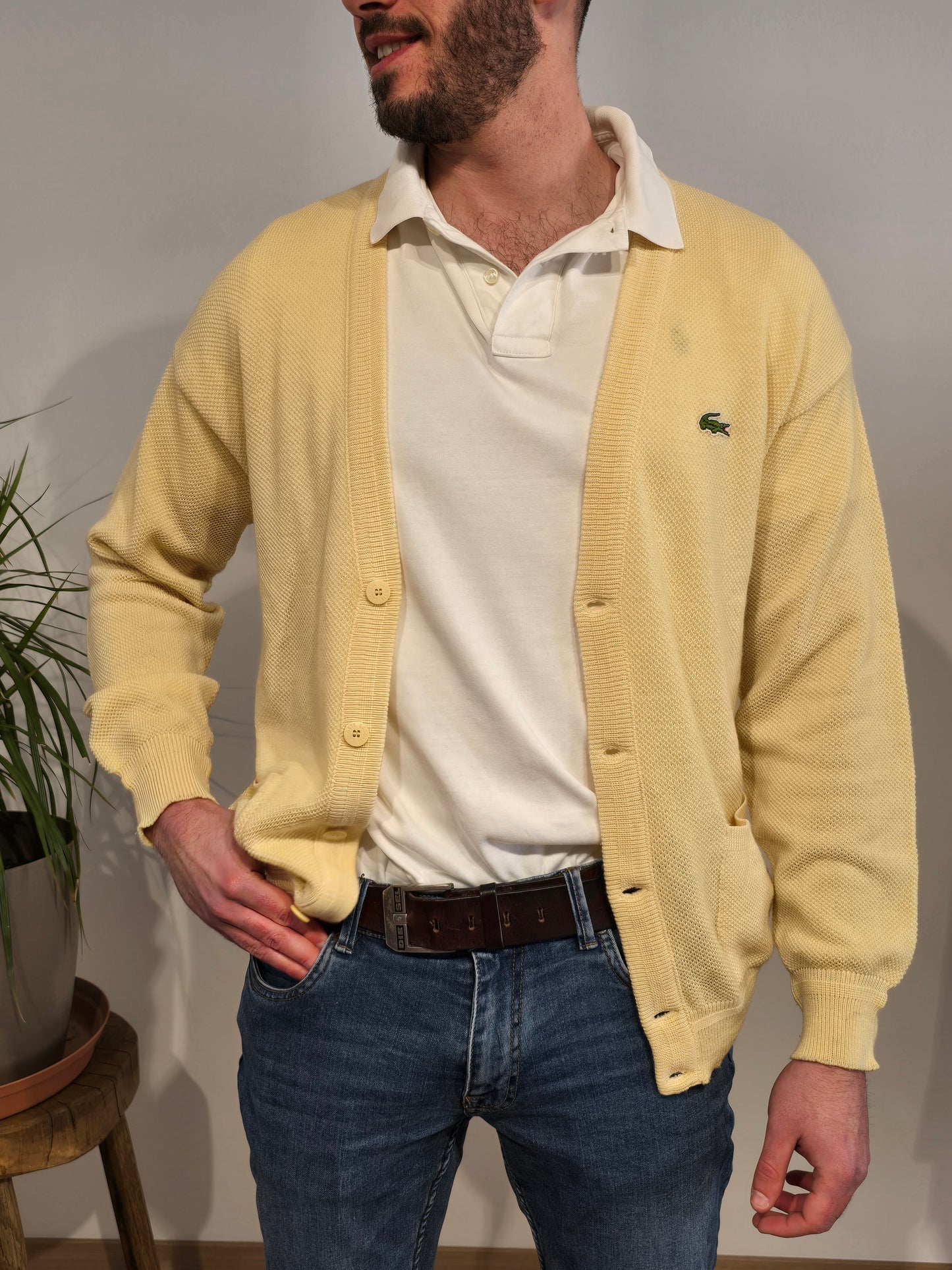 Cardigan en maille jaune des années 80' fabriqué en France - S/M
