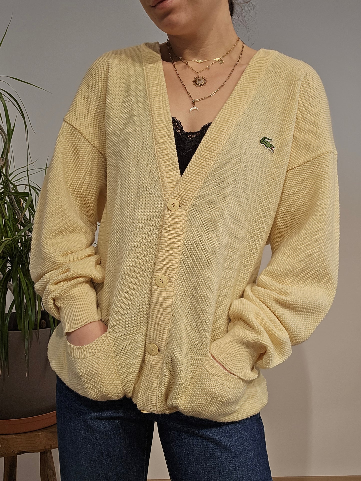 Cardigan en maille jaune des années 80' fabriqué en France - M/L