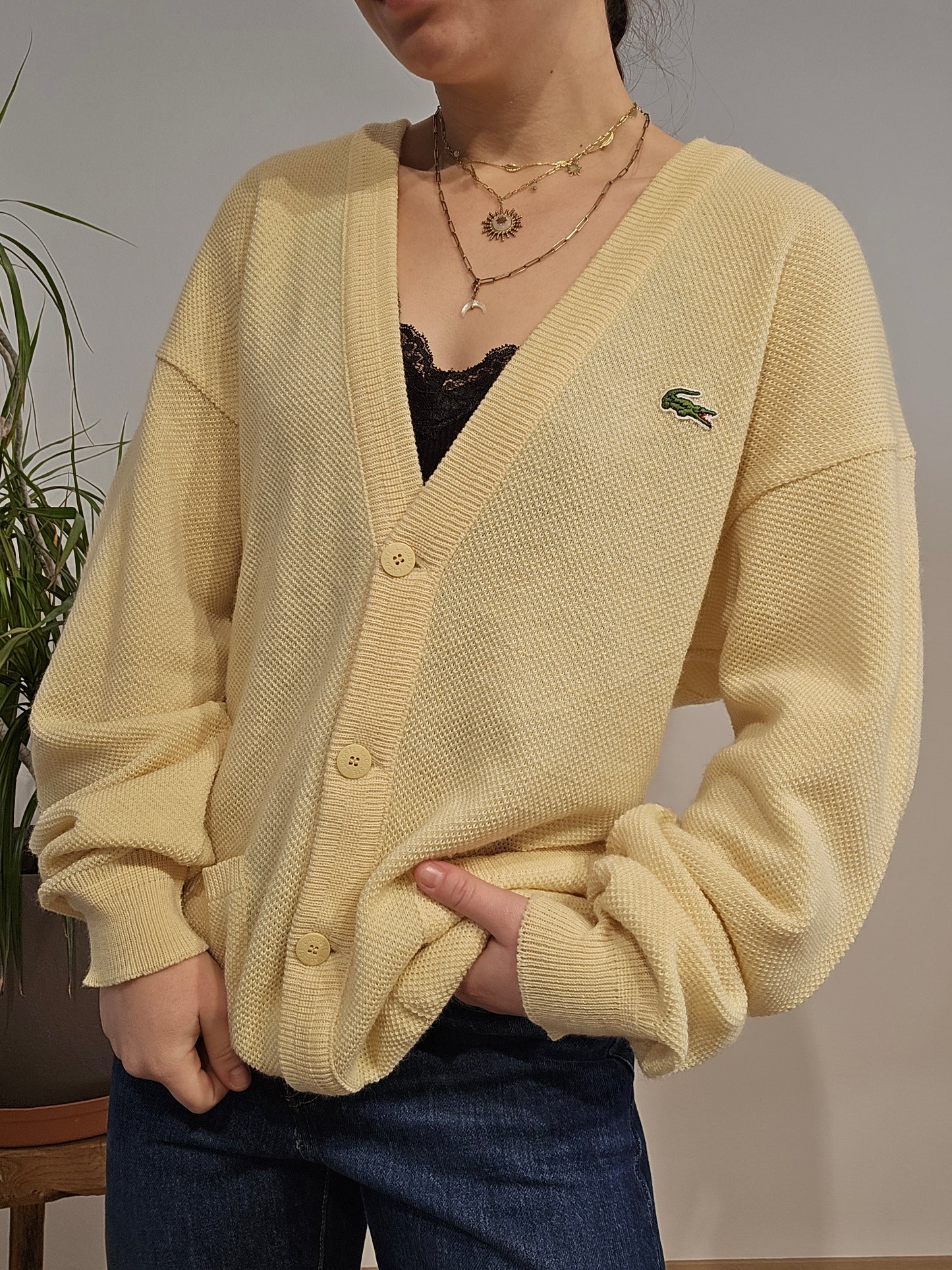 Cardigan en maille jaune des années 80' fabriqué en France - M/L