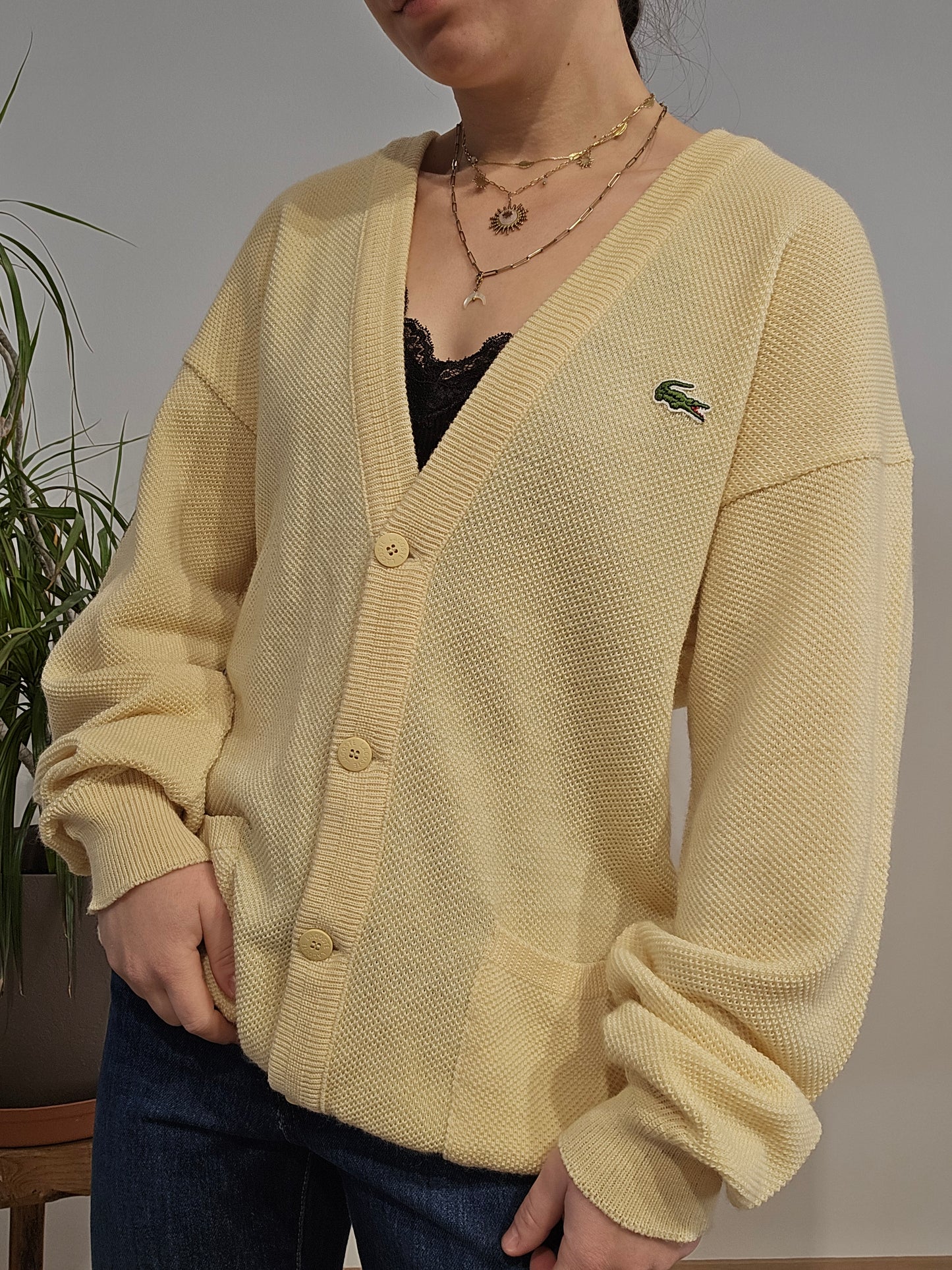 Cardigan en maille jaune des années 80' fabriqué en France - M/L