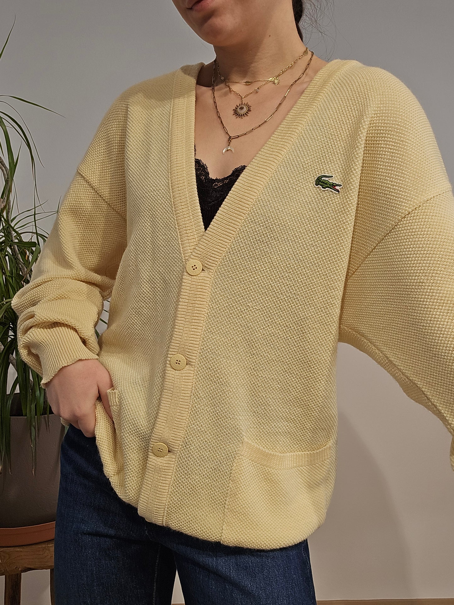 Cardigan en maille jaune des années 80' fabriqué en France - M/L