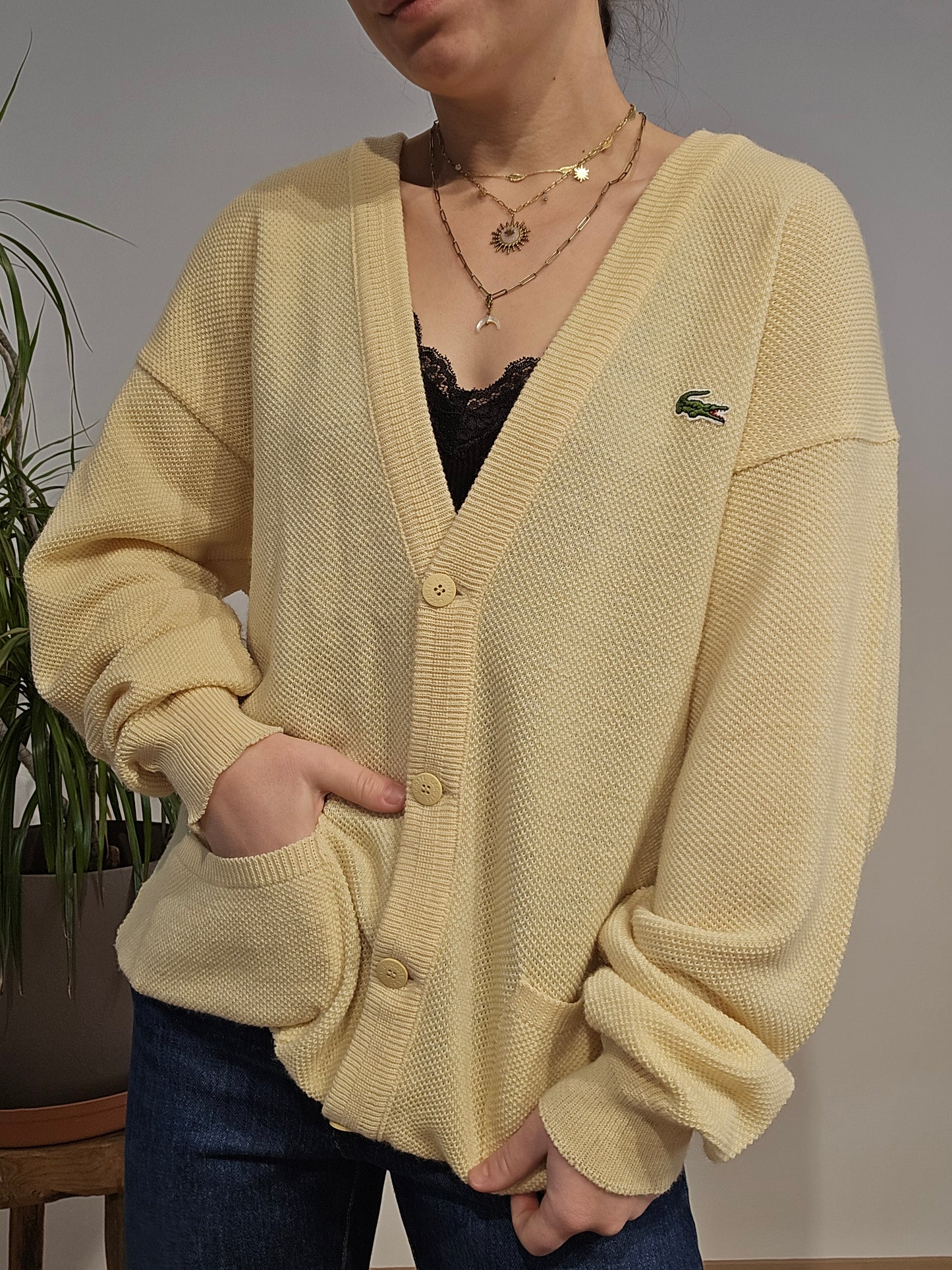 Cardigan en maille jaune des années 80' fabriqué en France - M/L