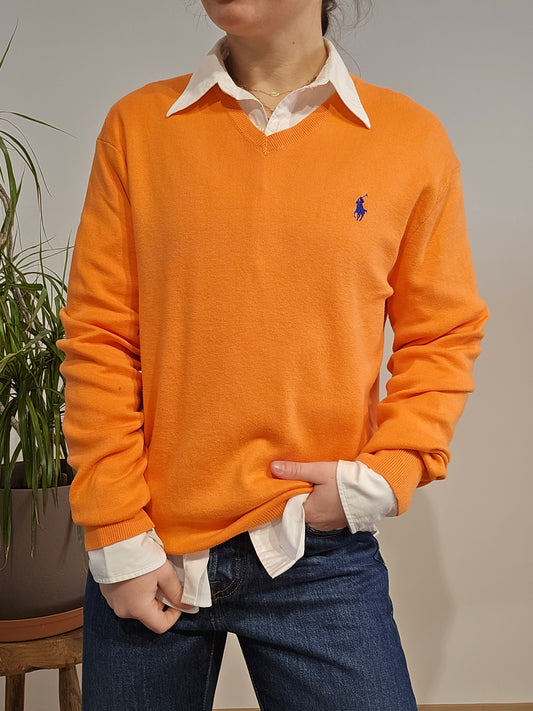 Pull col V en maille orange - S/M