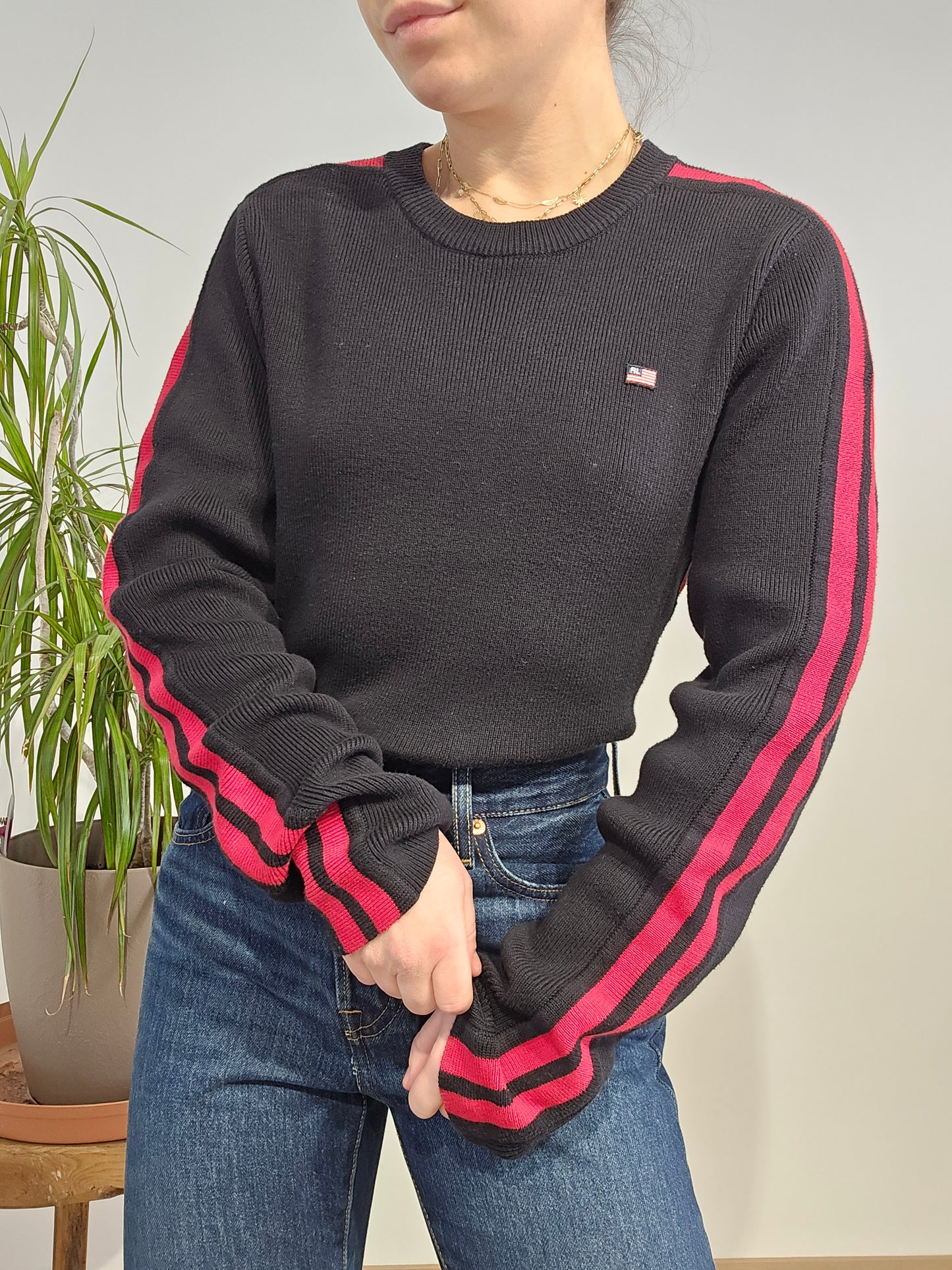 Pull en maille côtelée noir des années 90' american flag - S/M