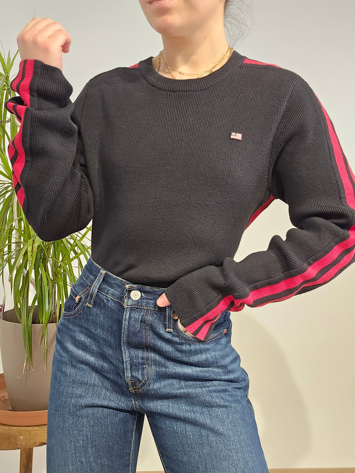 Pull en maille côtelée noir des années 90' american flag - S/M