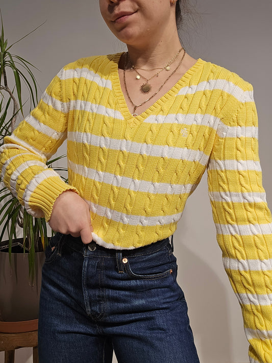 Pull col rond en maille torsadée jaune/blanc collection RLR - S/M