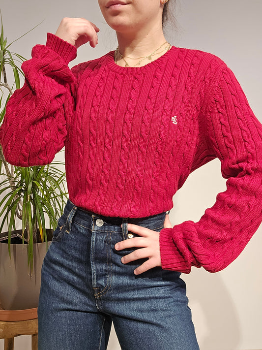 Pull col rond en maille torsadée rouge collection RLR - M/L