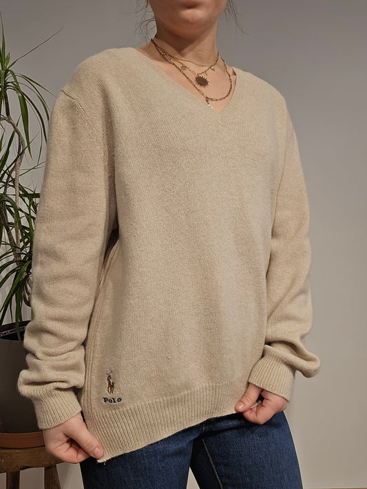 Pull col rond en maille beige - L/XL