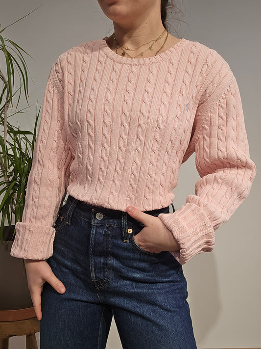 Pull col rond en maille torsadée rose collection RLR - L/XL