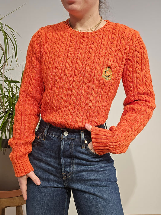 Pull col rond en maille torsadée orange brodé - S/M