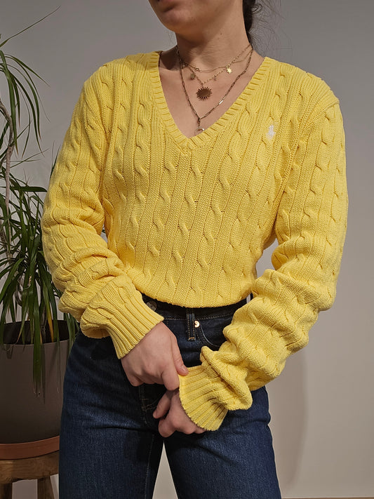 Pull col V en maille torsadée jaune - L