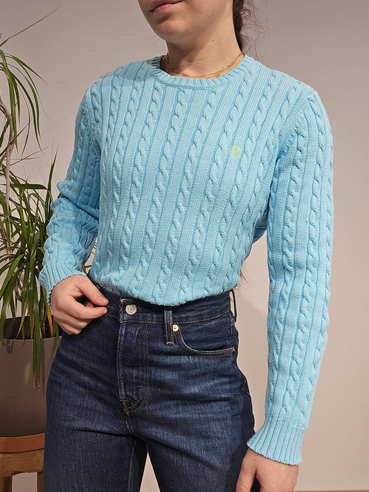 Pull col rond en maille torsadée bleu - S