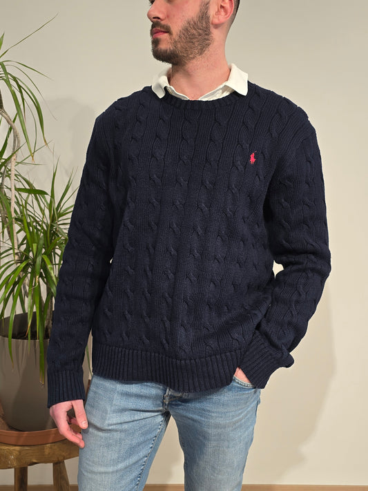Pull col rond en maille torsadée marine - L/XL