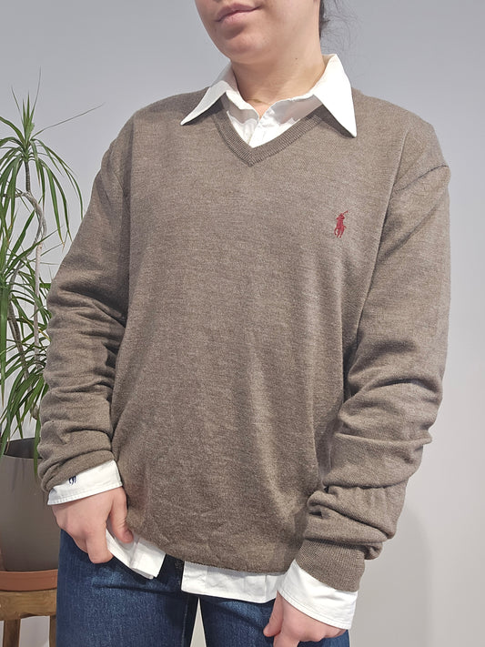Pull col V en laine marron - S/M