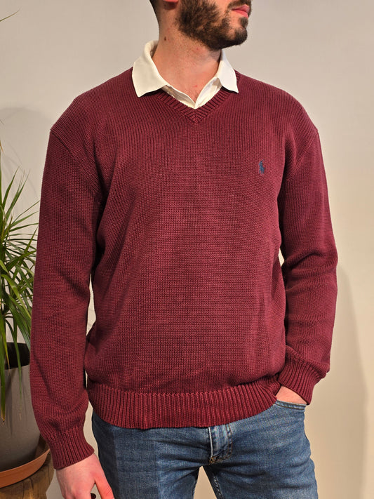 Pull col V en maille bordeaux - L