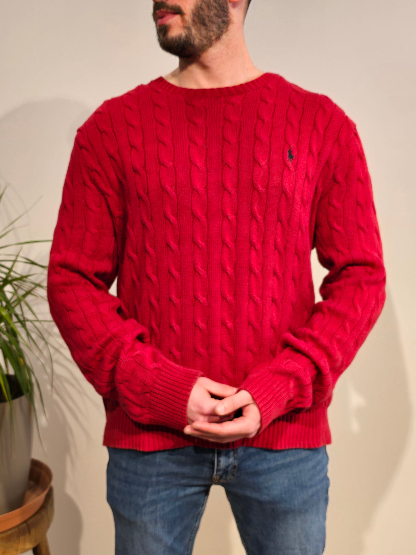 Pull col rond en maille torsadée rouge - XL/XXL