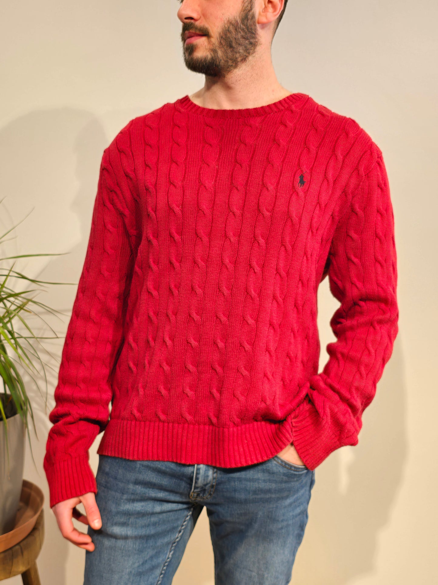 Pull col rond en maille torsadée rouge - XL/XXL