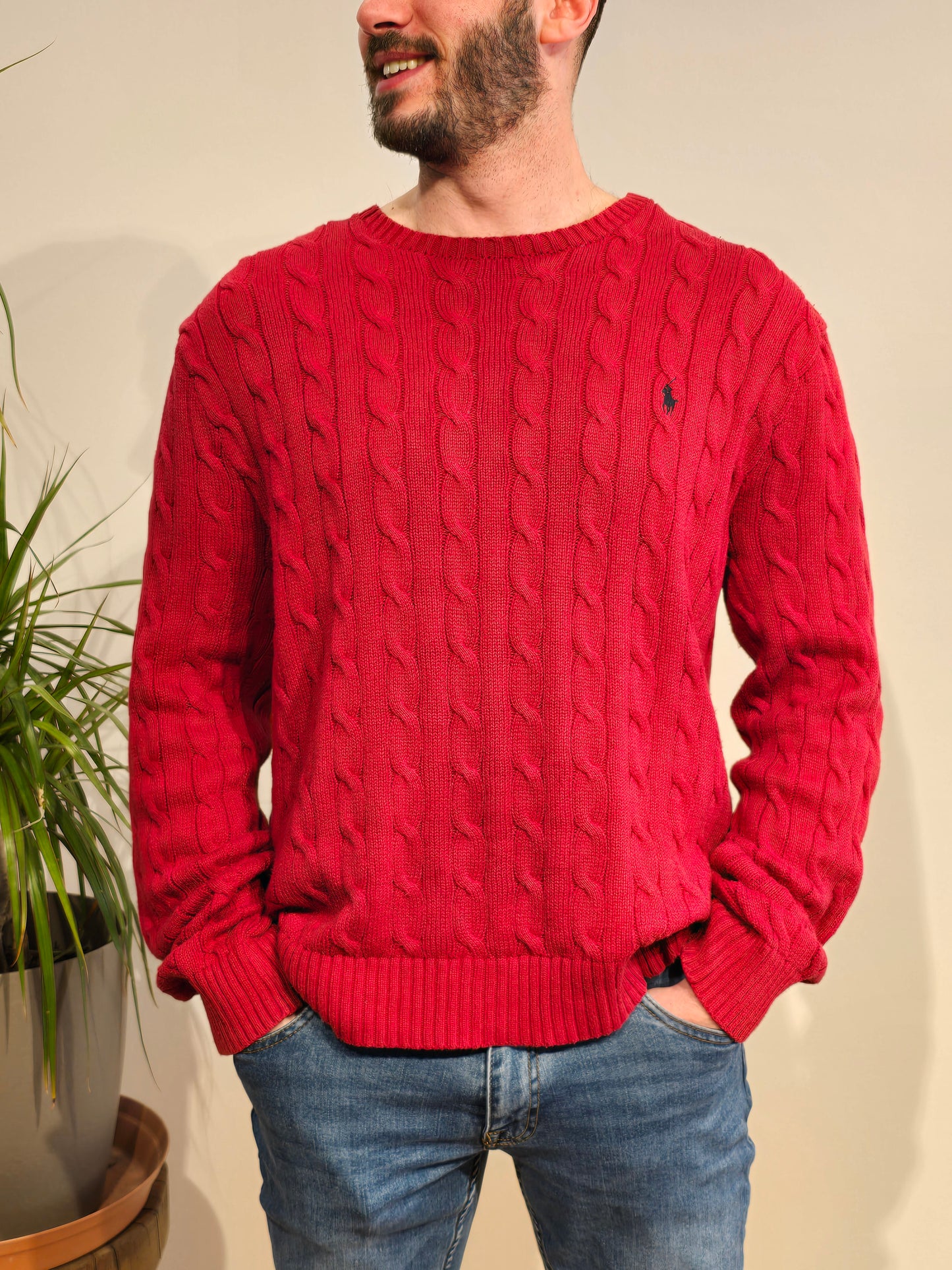Pull col rond en maille torsadée rouge - XL/XXL