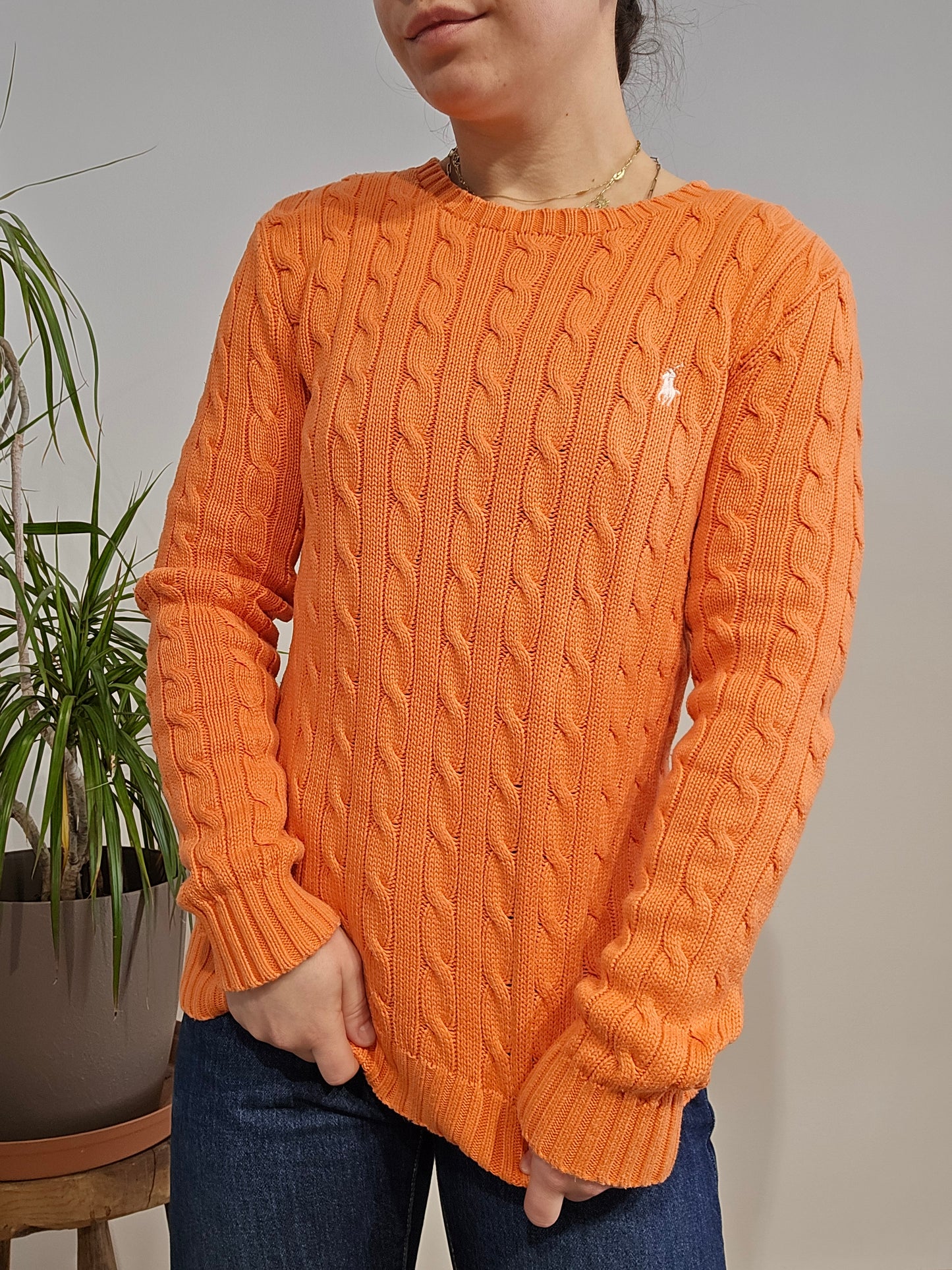 Pull col rond en maille torsadée orange - S