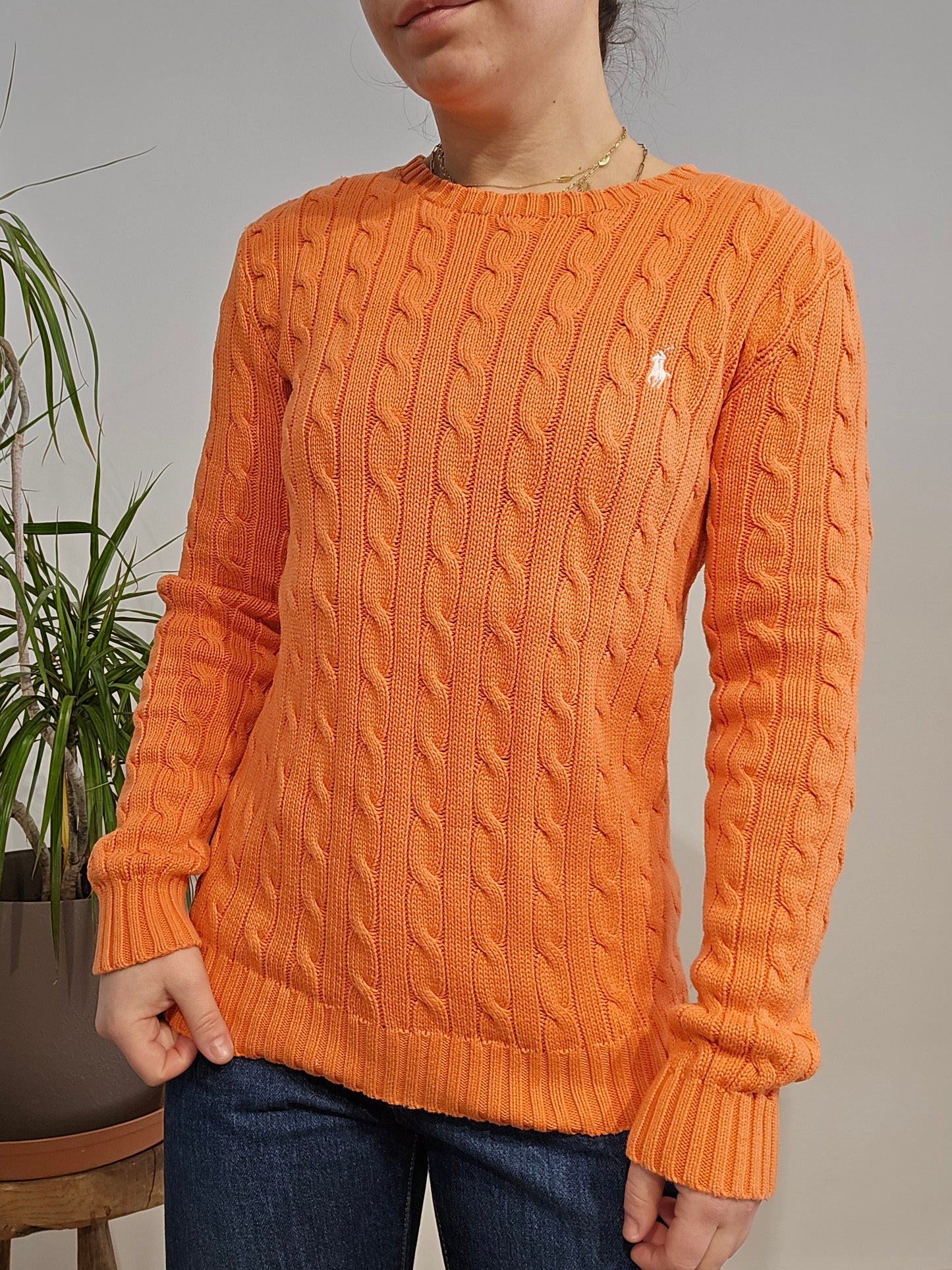 Pull col rond en maille torsadée orange - S