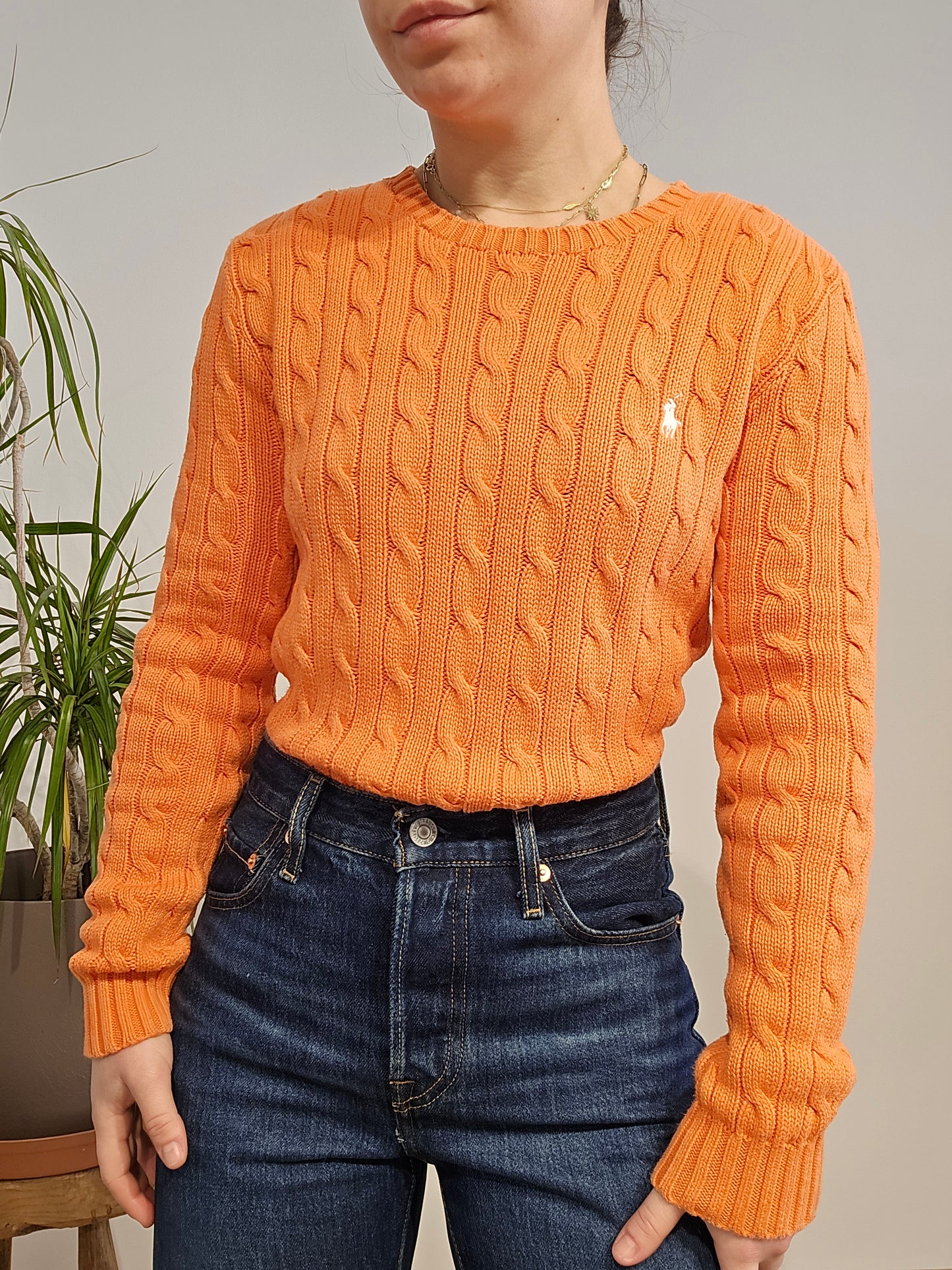 Pull col rond en maille torsadée orange - S