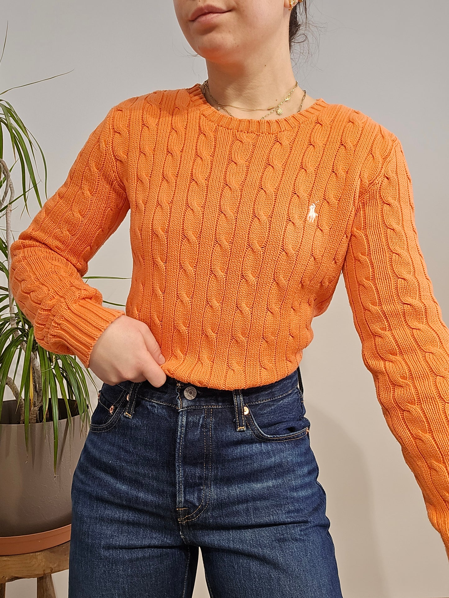 Pull col rond en maille torsadée orange - S