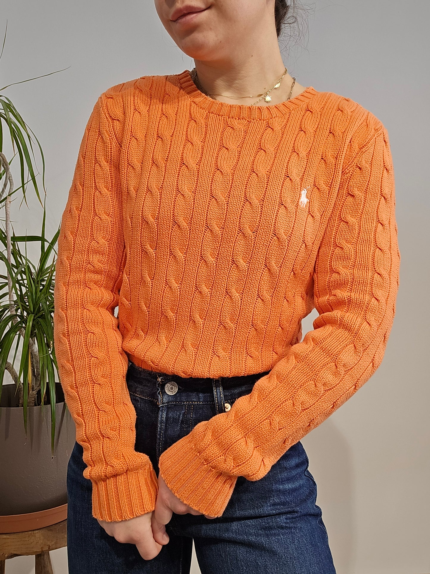 Pull col rond en maille torsadée orange - S