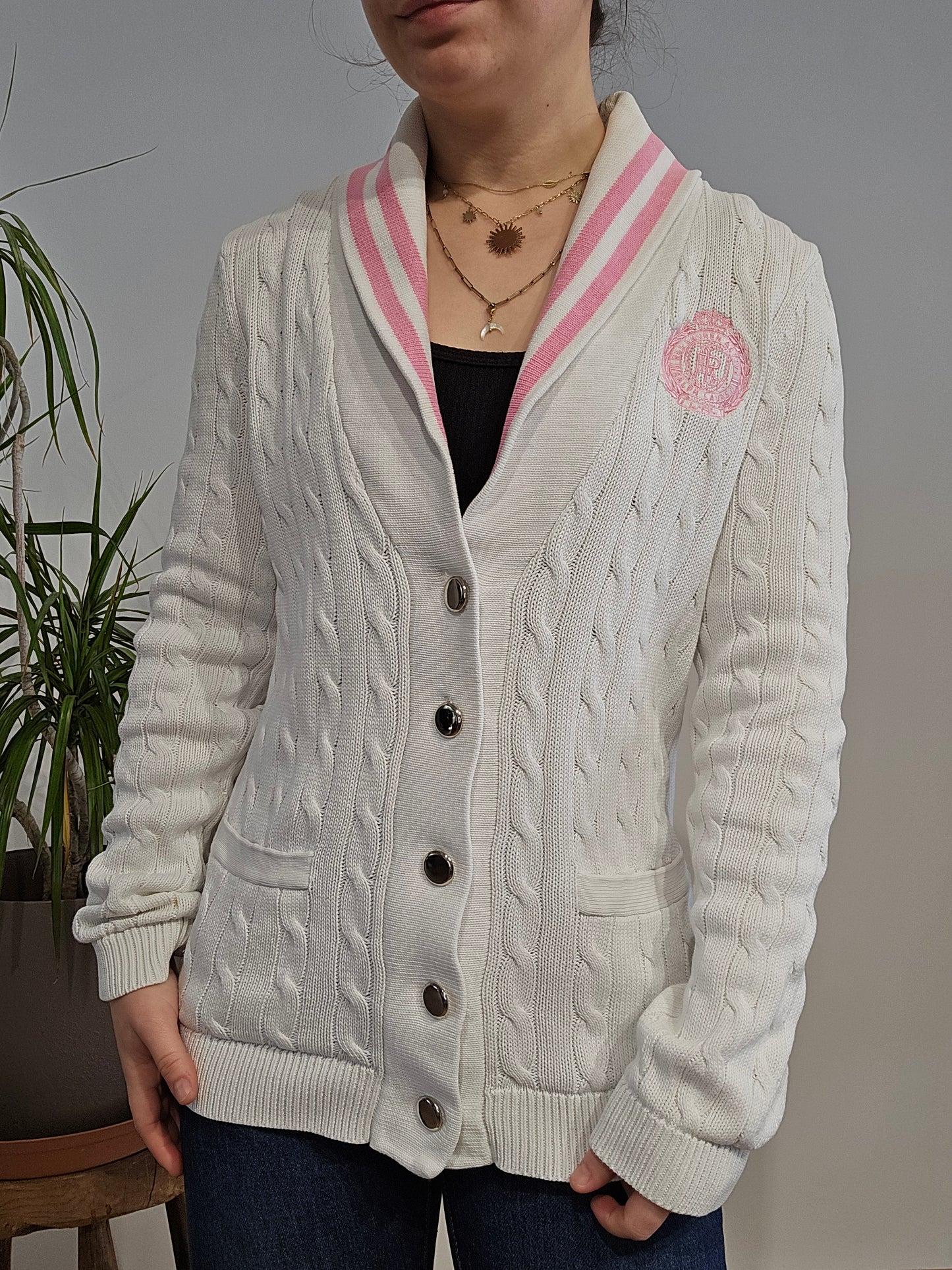 Cardigan en maille torsadée blanc bordé - S/M
