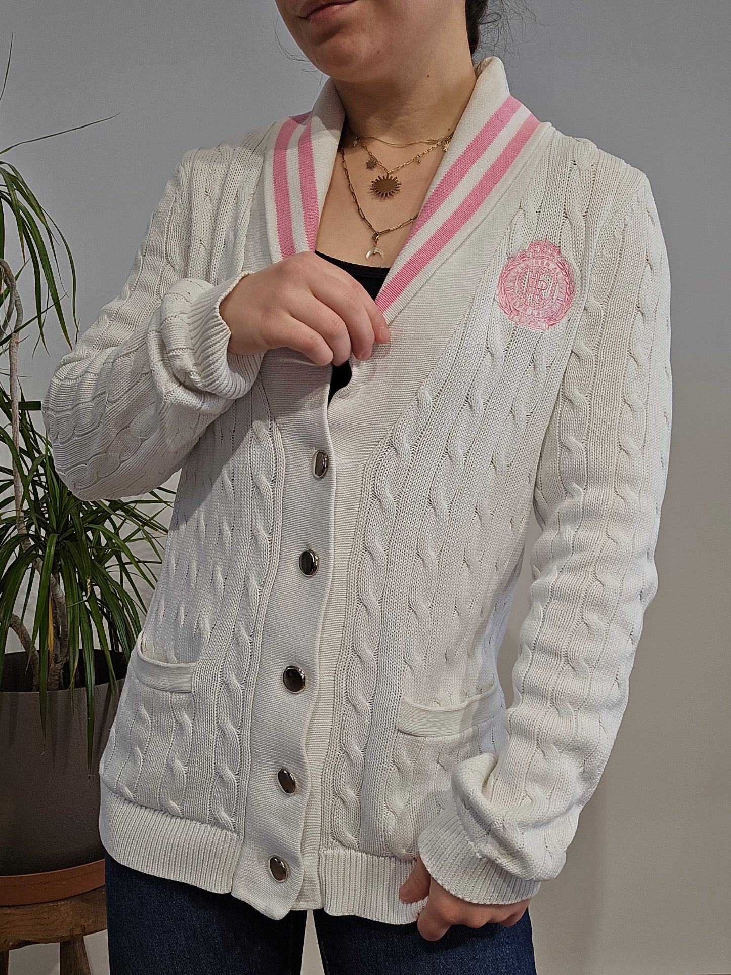 Cardigan en maille torsadée blanc bordé - S/M