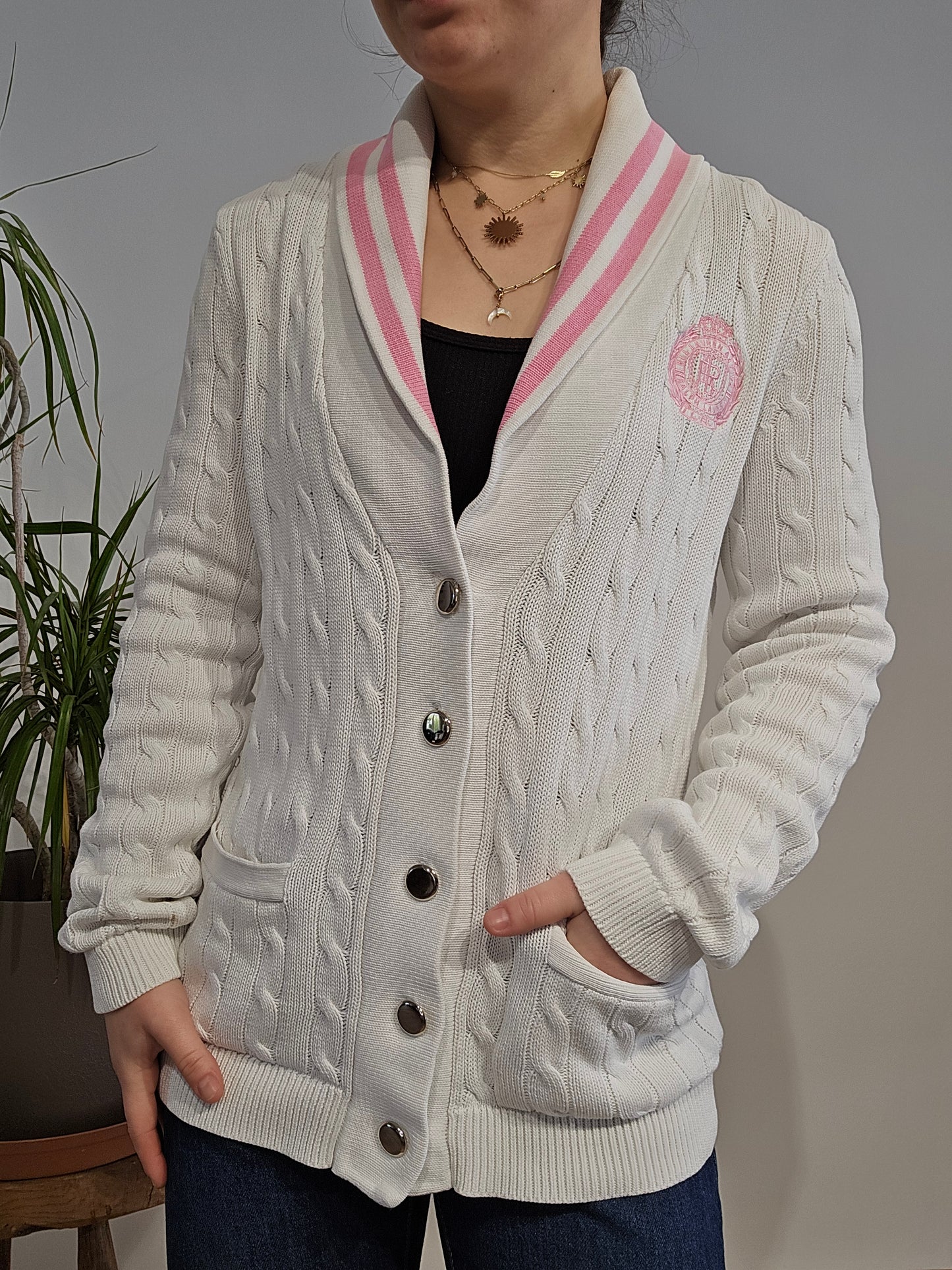 Cardigan en maille torsadée blanc bordé - S/M