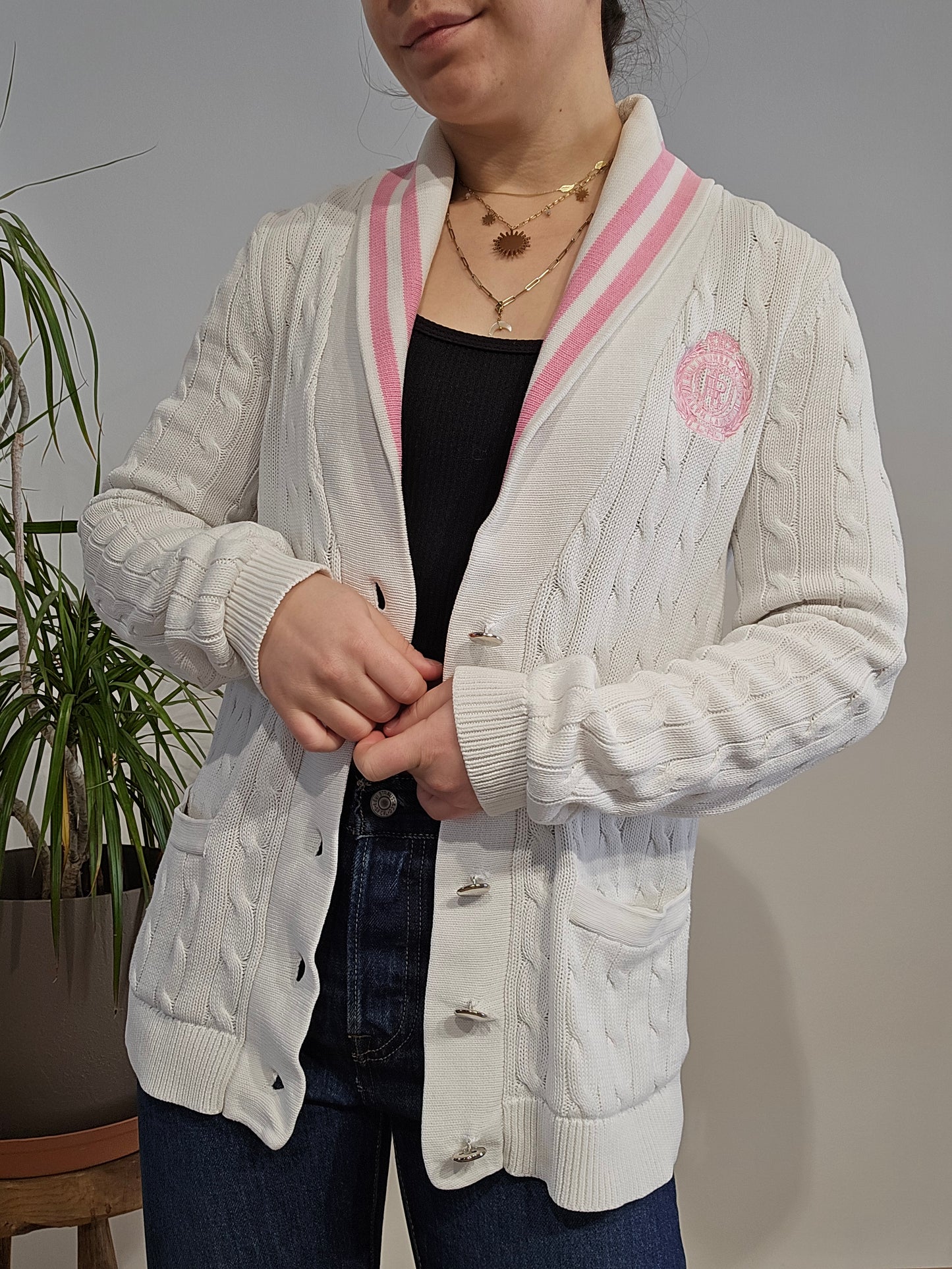 Cardigan en maille torsadée blanc bordé - S/M