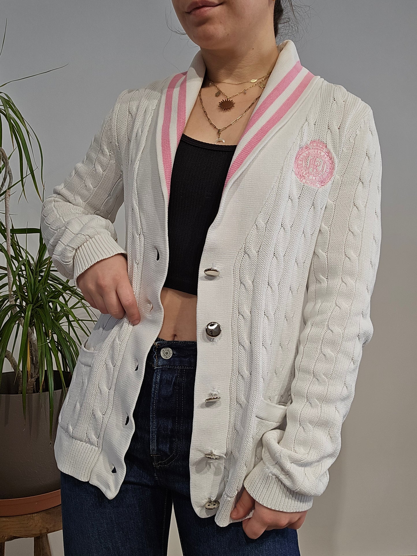 Cardigan en maille torsadée blanc bordé - S/M