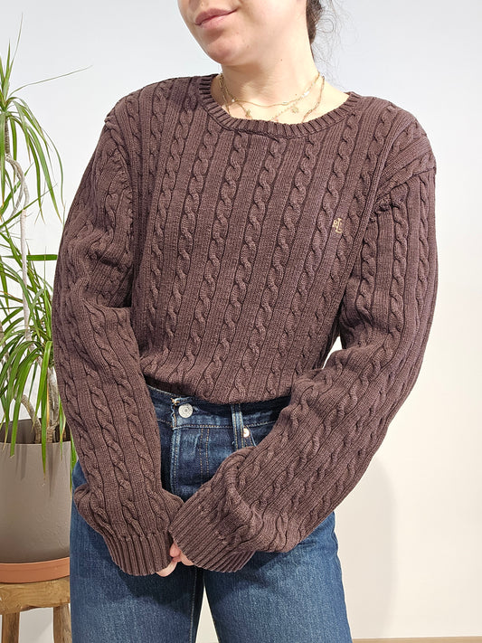 Pull col rond en maille torsadée marron collection RLR - XL