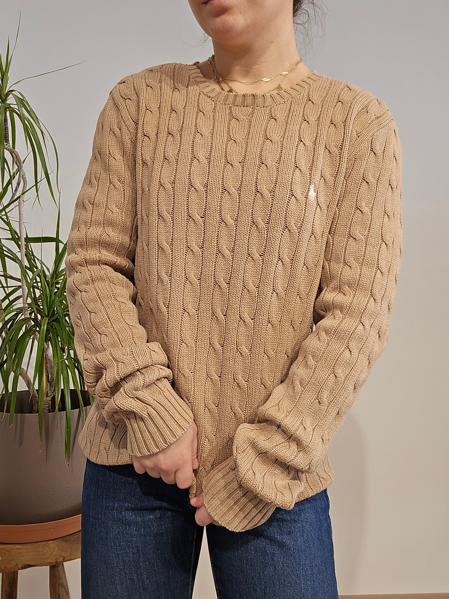 Pull col rond en maille torsadée beige - M/L