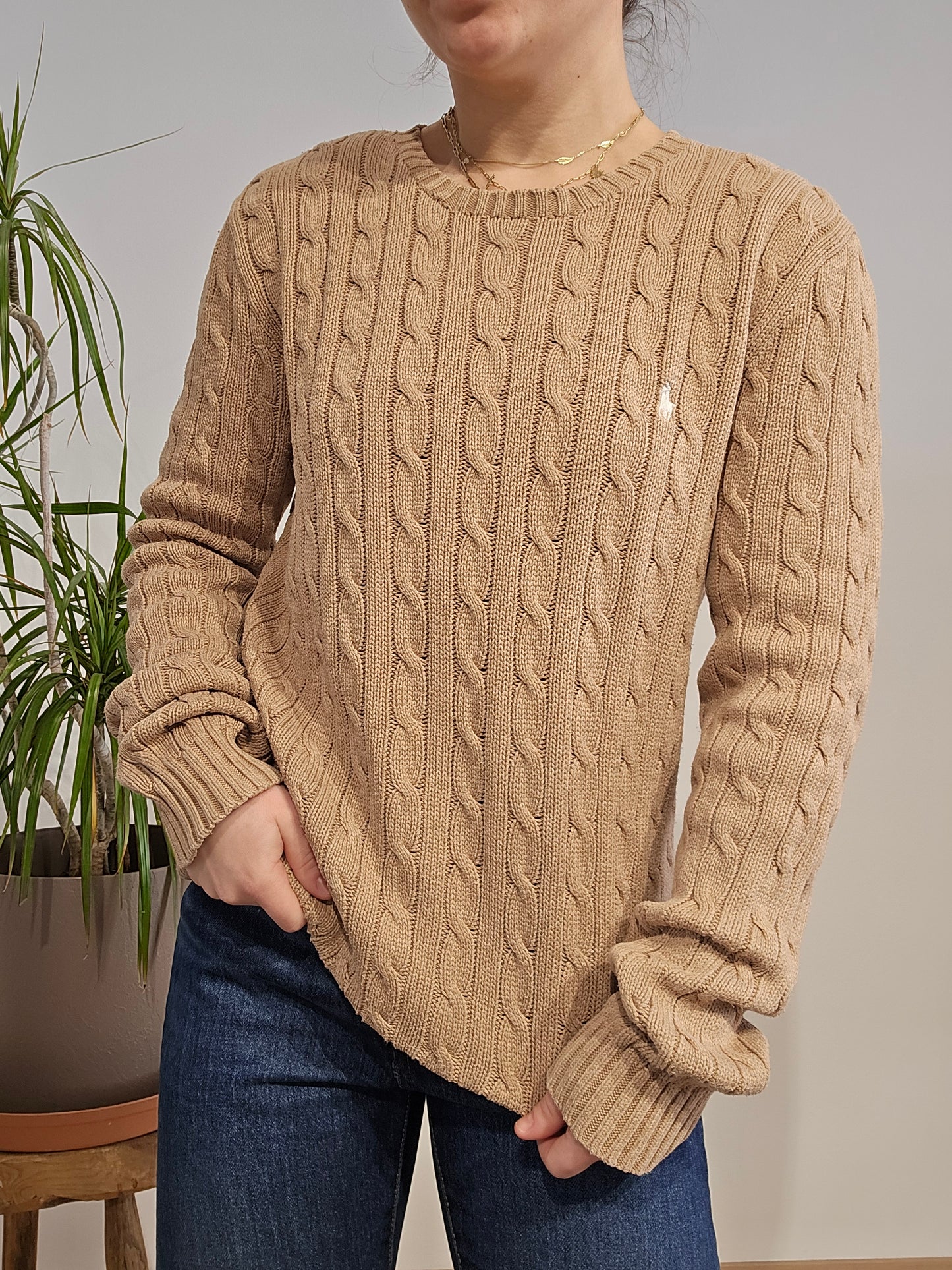 Pull col rond en maille torsadée beige - M/L